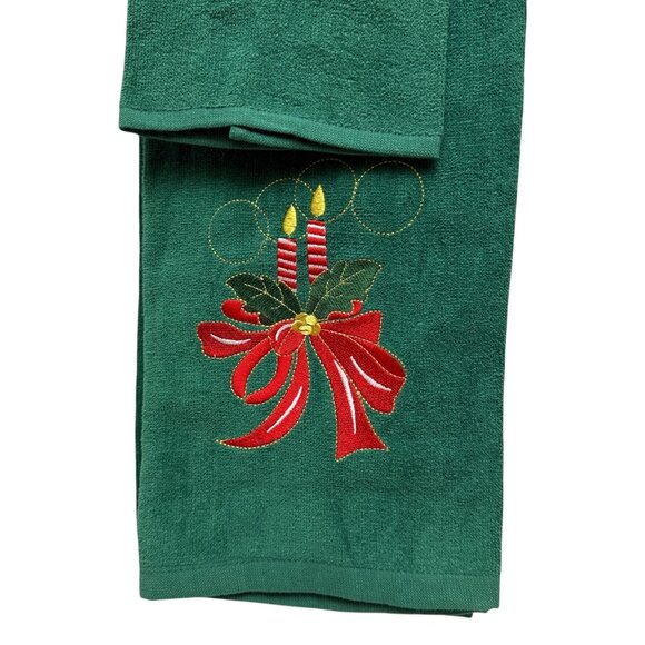 Holiday Towels Bath Set of Three Green Embroidered Bow Holly Candlestick Motif - Picture 4 of 10
